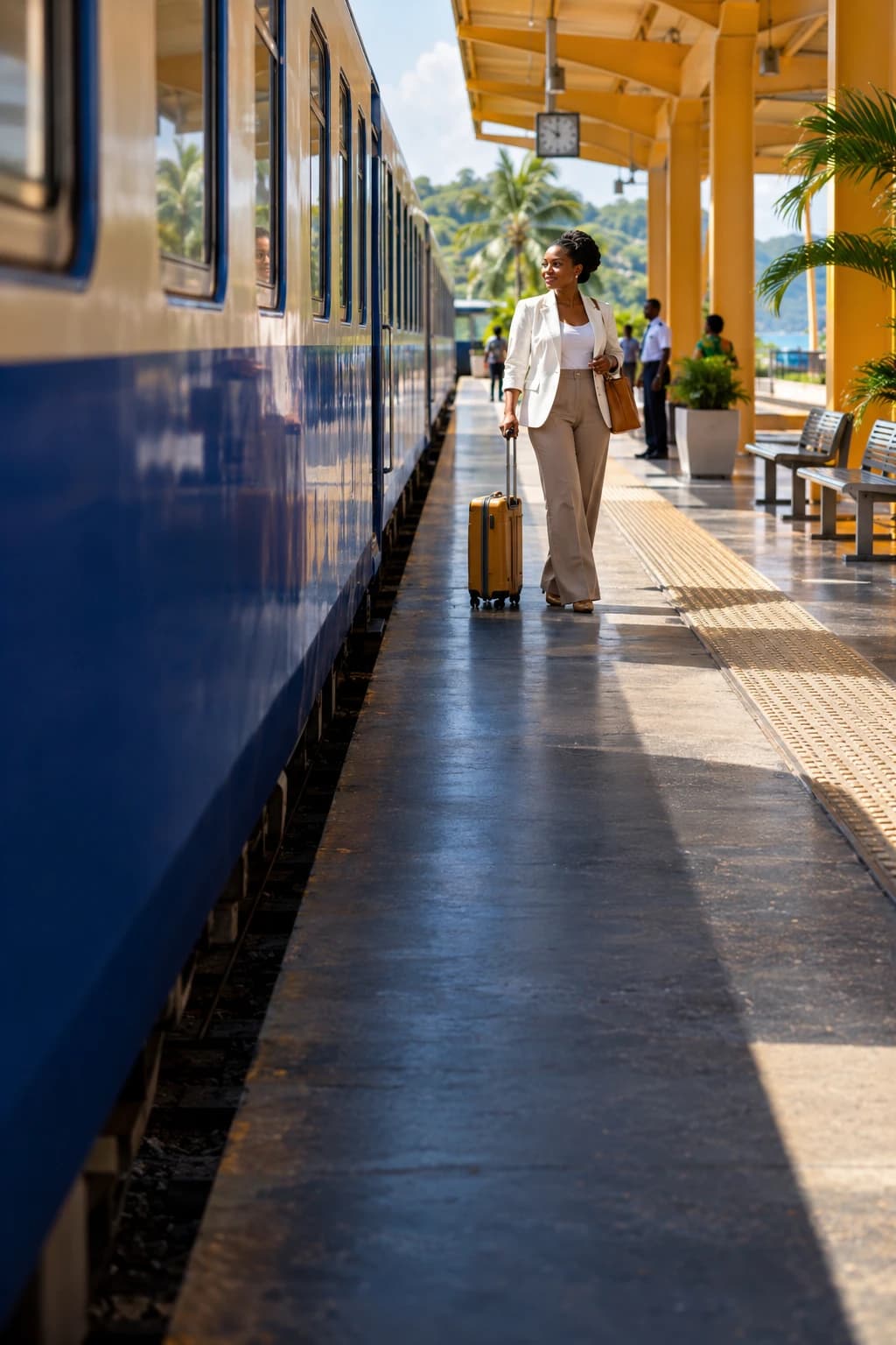 Illustration générée : une voyageuse sur un quai tropical, près d’un train bleu et ivoire.